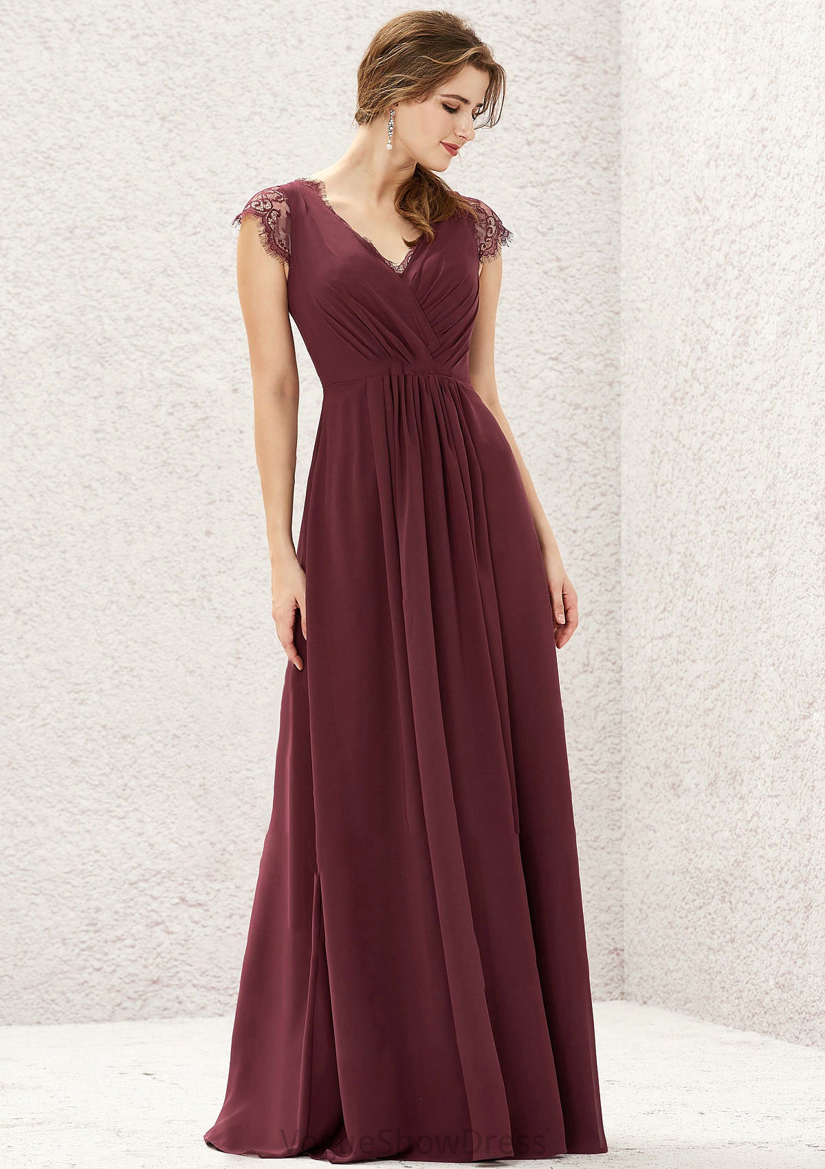 A-line V Neck Sleeveless Chiffon Long/Floor-Length Bridesmaid Dresses With Pleated Lace Heidy DLP0025627