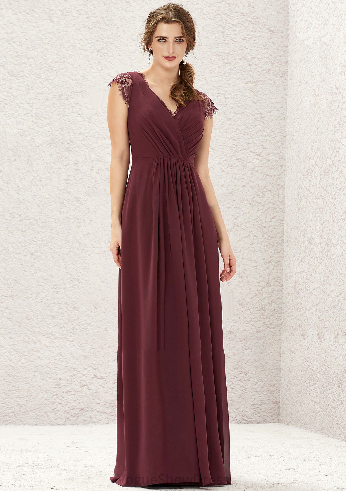 A-line V Neck Sleeveless Chiffon Long/Floor-Length Bridesmaid Dresses With Pleated Lace Heidy DLP0025627