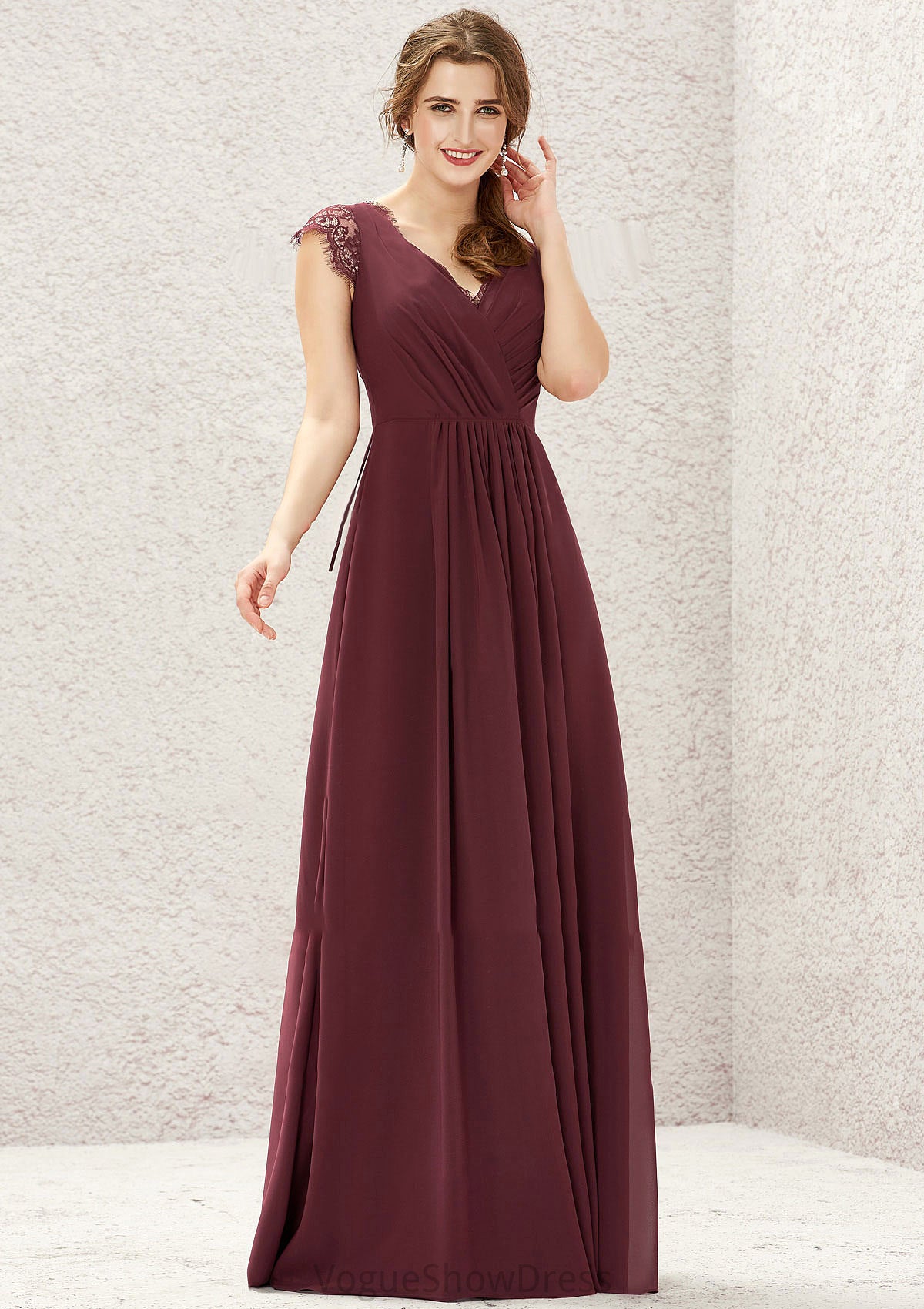 A-line V Neck Sleeveless Chiffon Long/Floor-Length Bridesmaid Dresses With Pleated Lace Heidy DLP0025627