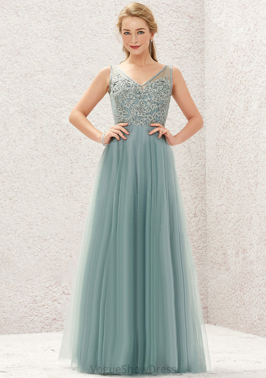 A-line V Neck Sleeveless Tulle Long/Floor-Length Bridesmaid Dresses With Lace Penelope DLP0025628