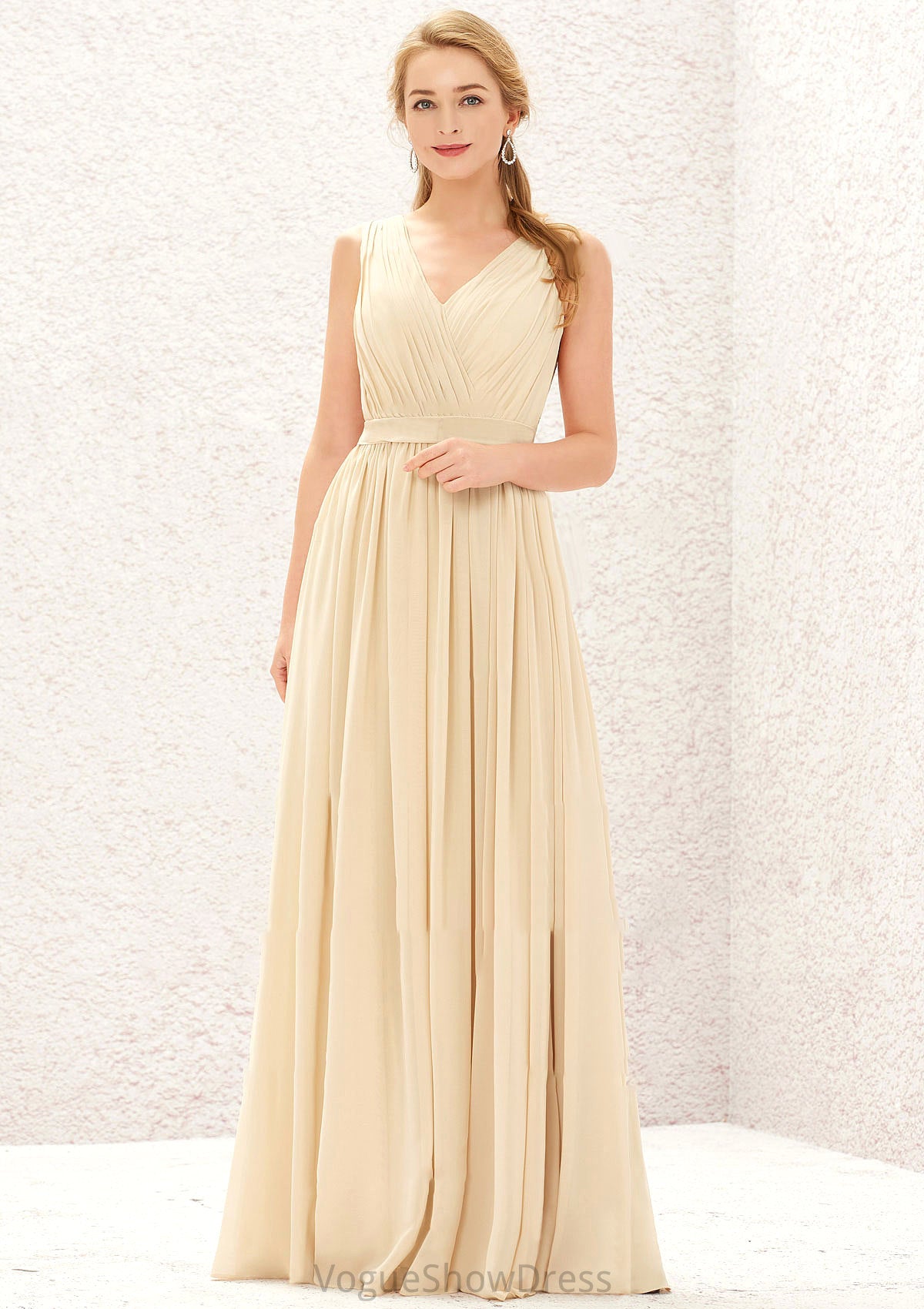 A-line V Neck Sleeveless Chiffon Long/Floor-Length Bridesmaid Dresses With Appliqued Sashes Pleated Aubree DLP0025630