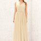 A-line V Neck Sleeveless Chiffon Long/Floor-Length Bridesmaid Dresses With Appliqued Sashes Pleated Aubree DLP0025630