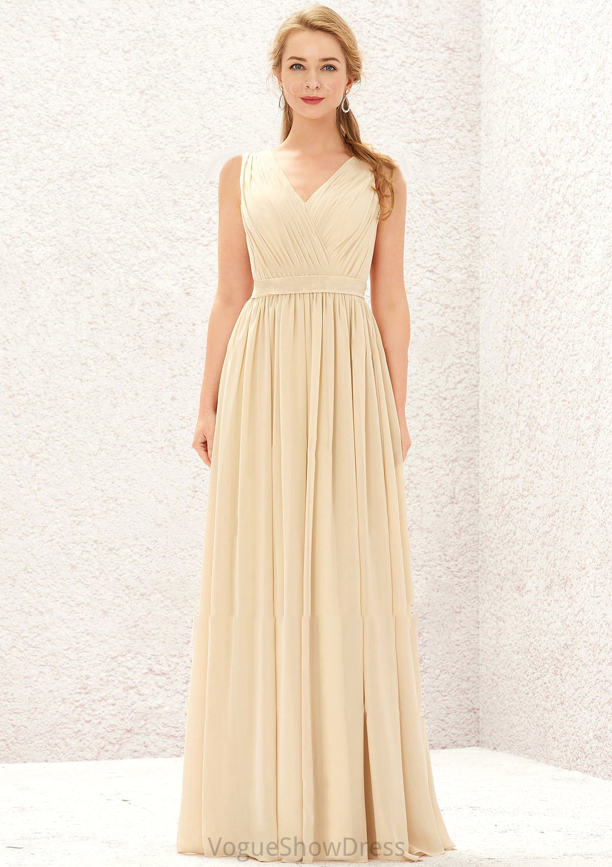 A-line V Neck Sleeveless Chiffon Long/Floor-Length Bridesmaid Dresses With Appliqued Sashes Pleated Aubree DLP0025630