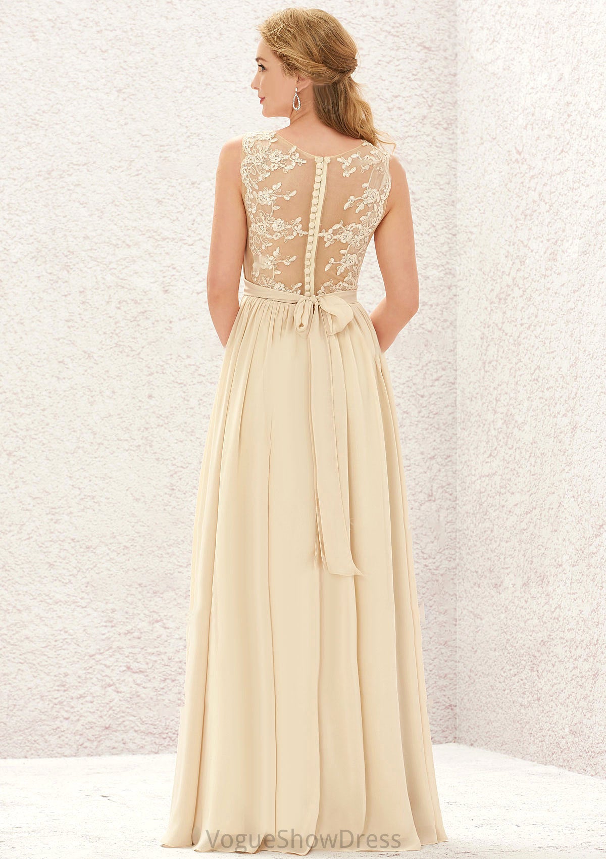 A-line V Neck Sleeveless Chiffon Long/Floor-Length Bridesmaid Dresses With Appliqued Sashes Pleated Aubree DLP0025630