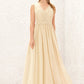 A-line V Neck Sleeveless Chiffon Long/Floor-Length Bridesmaid Dresses With Appliqued Sashes Pleated Aubree DLP0025630