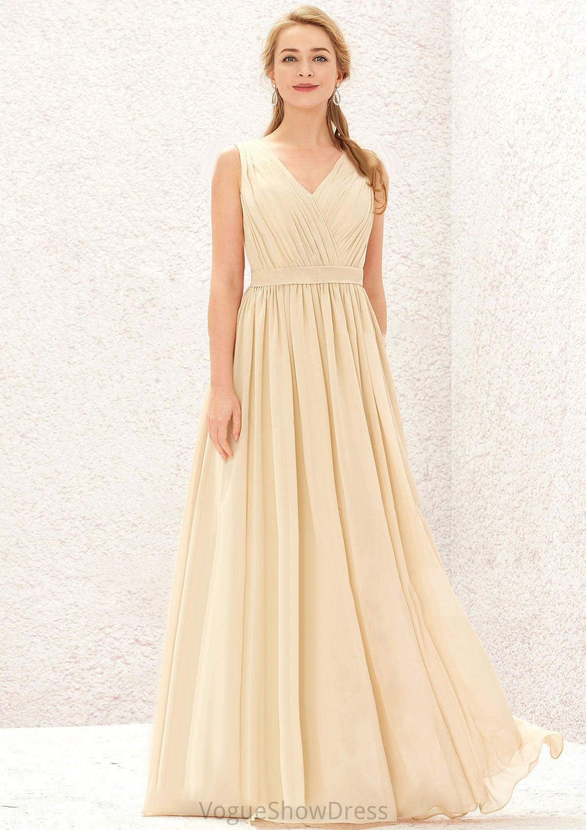 A-line V Neck Sleeveless Chiffon Long/Floor-Length Bridesmaid Dresses With Appliqued Sashes Pleated Aubree DLP0025630