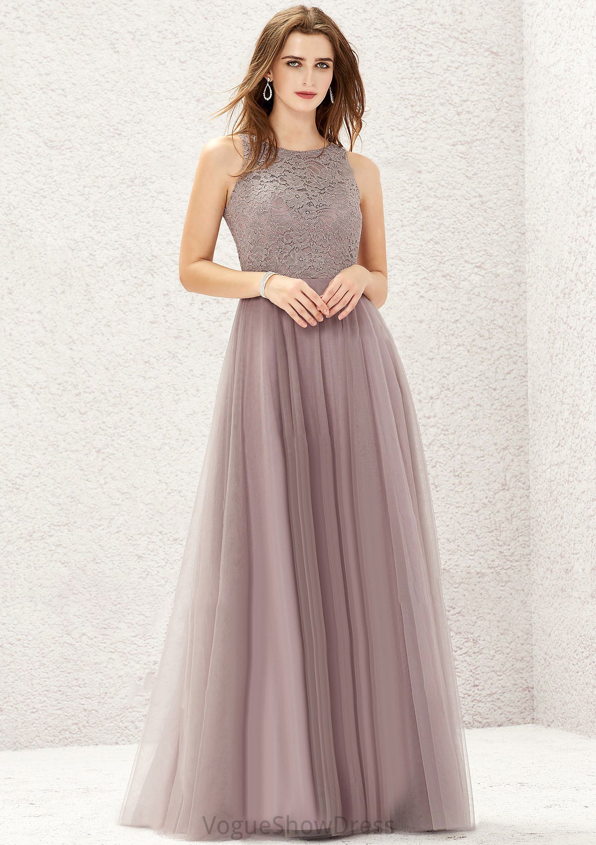 A-line Scoop Neck Sleeveless Lace Tulle Long/Floor-Length Bridesmaid Dresses Susanna DLP0025631