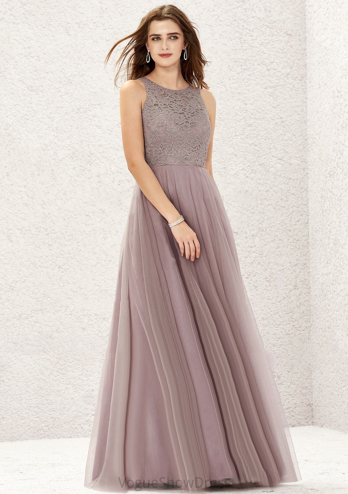 A-line Scoop Neck Sleeveless Lace Tulle Long/Floor-Length Bridesmaid Dresses Susanna DLP0025631