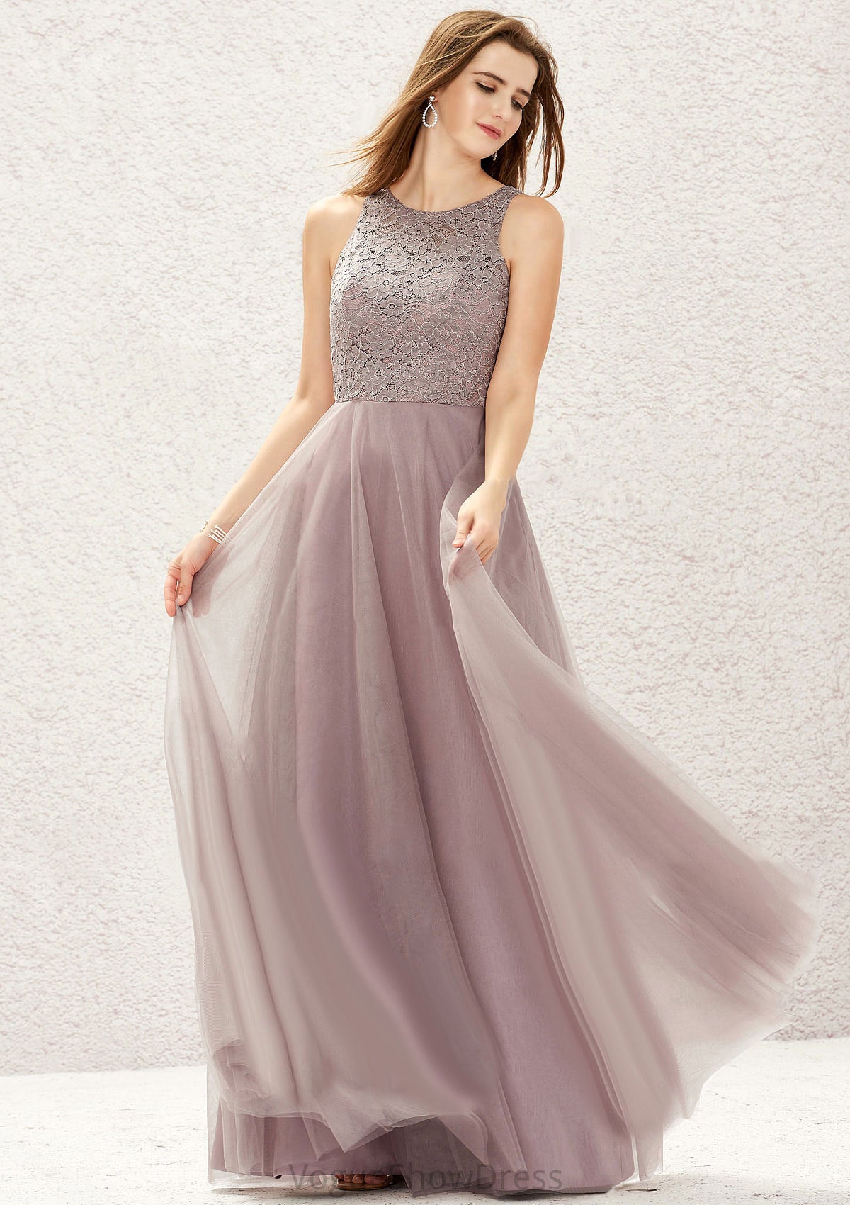 A-line Scoop Neck Sleeveless Lace Tulle Long/Floor-Length Bridesmaid Dresses Susanna DLP0025631