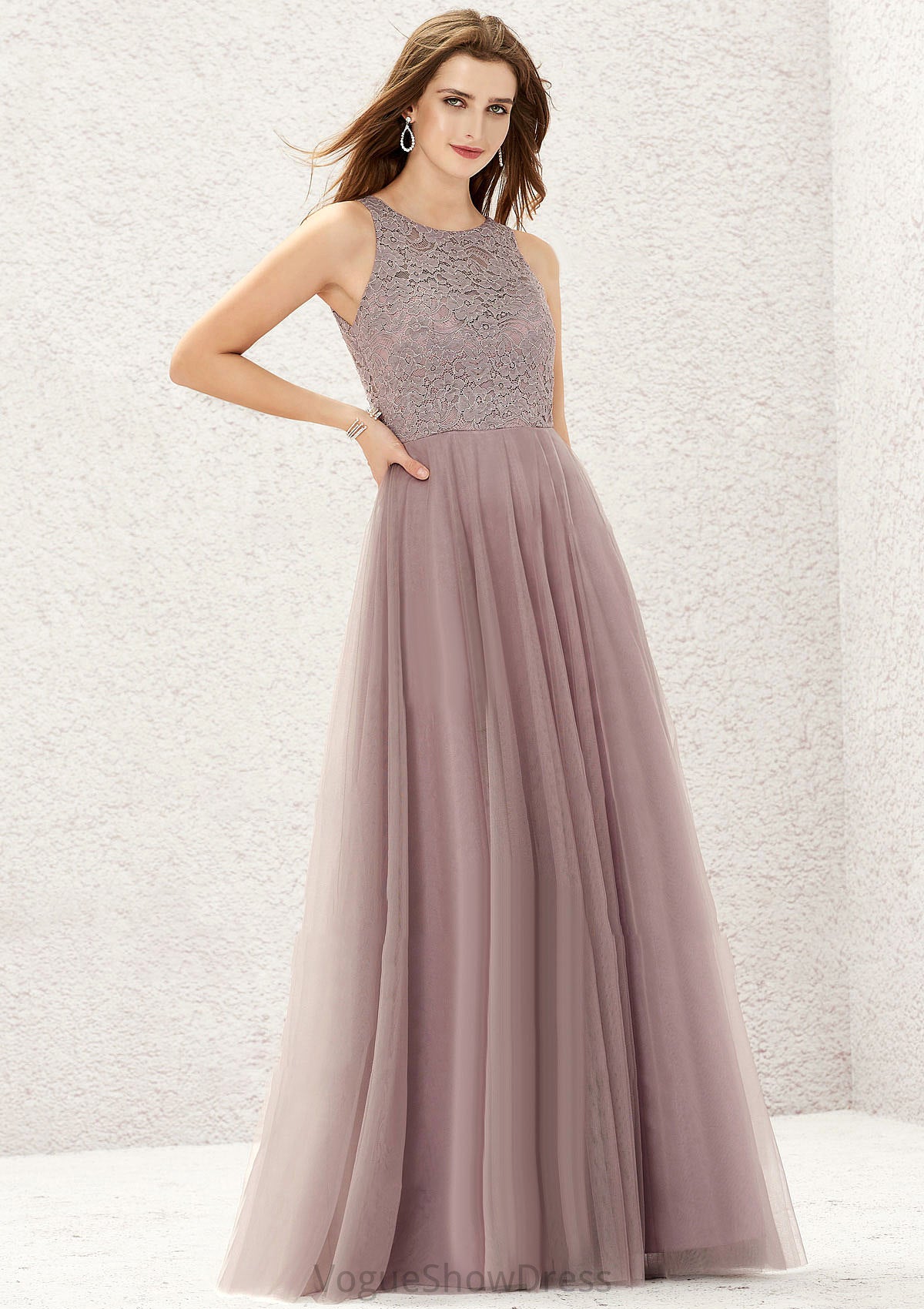 A-line Scoop Neck Sleeveless Lace Tulle Long/Floor-Length Bridesmaid Dresses Susanna DLP0025631