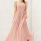 A-line V Neck Sleeveless Chiffon Long/Floor-Length Bridesmaid Dresses With Pleated Kallie DLP0025632