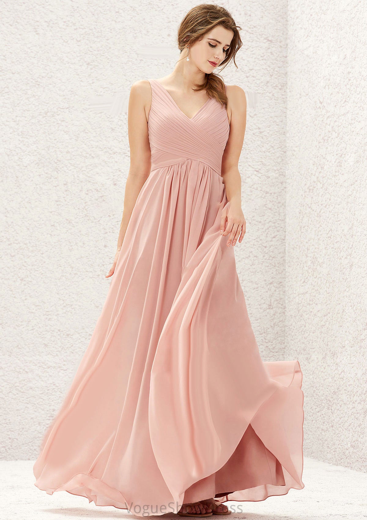 A-line V Neck Sleeveless Chiffon Long/Floor-Length Bridesmaid Dresses With Pleated Kallie DLP0025632