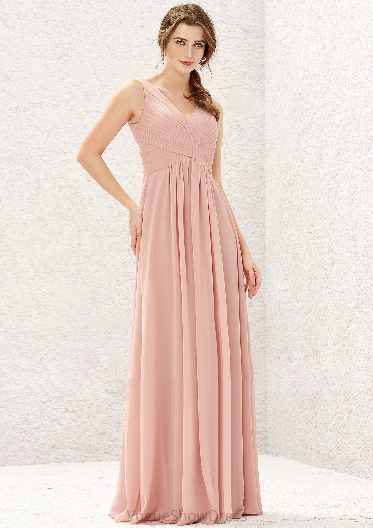 A-line V Neck Sleeveless Chiffon Long/Floor-Length Bridesmaid Dresses With Pleated Kallie DLP0025632