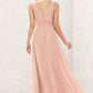 A-line V Neck Sleeveless Chiffon Long/Floor-Length Bridesmaid Dresses With Pleated Kallie DLP0025632