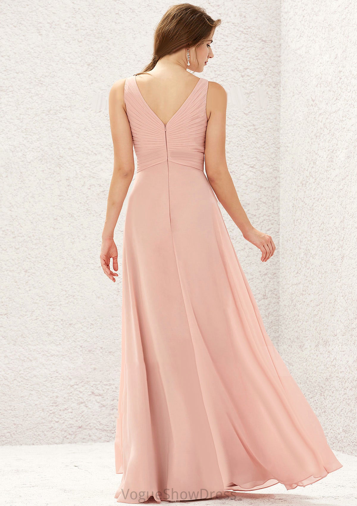 A-line V Neck Sleeveless Chiffon Long/Floor-Length Bridesmaid Dresses With Pleated Kallie DLP0025632