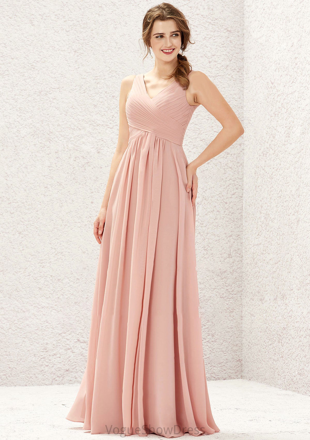 A-line V Neck Sleeveless Chiffon Long/Floor-Length Bridesmaid Dresses With Pleated Kallie DLP0025632