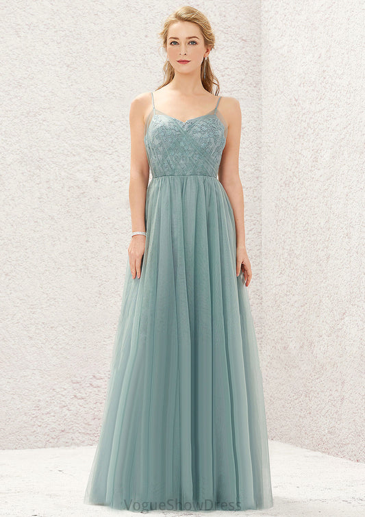 Princess A-line V Neck Sleeveless Tulle Long/Floor-Length Bridesmaid Dresses With Pleated Appliqued Esperanza DLP0025633