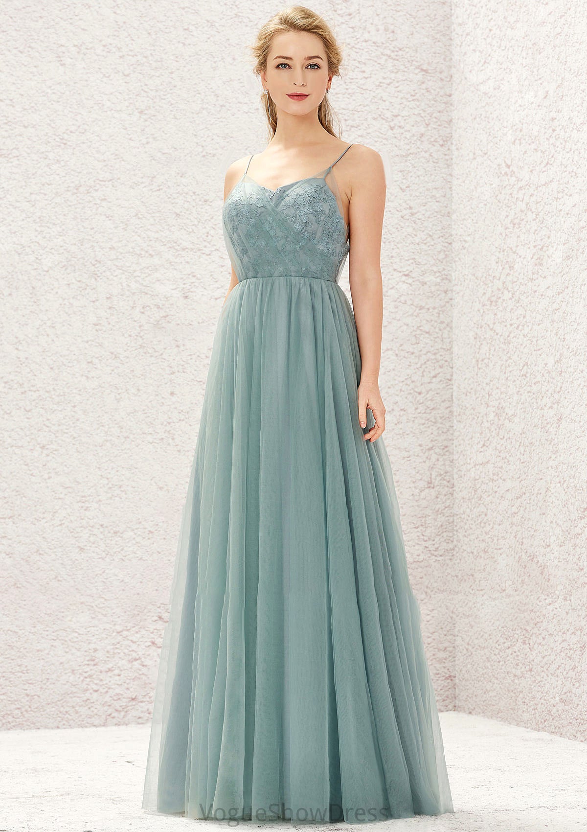 Princess A-line V Neck Sleeveless Tulle Long/Floor-Length Bridesmaid Dresses With Pleated Appliqued Esperanza DLP0025633