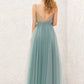 Princess A-line V Neck Sleeveless Tulle Long/Floor-Length Bridesmaid Dresses With Pleated Appliqued Esperanza DLP0025633