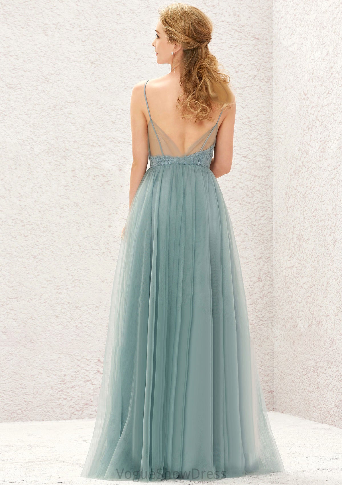 Princess A-line V Neck Sleeveless Tulle Long/Floor-Length Bridesmaid Dresses With Pleated Appliqued Esperanza DLP0025633