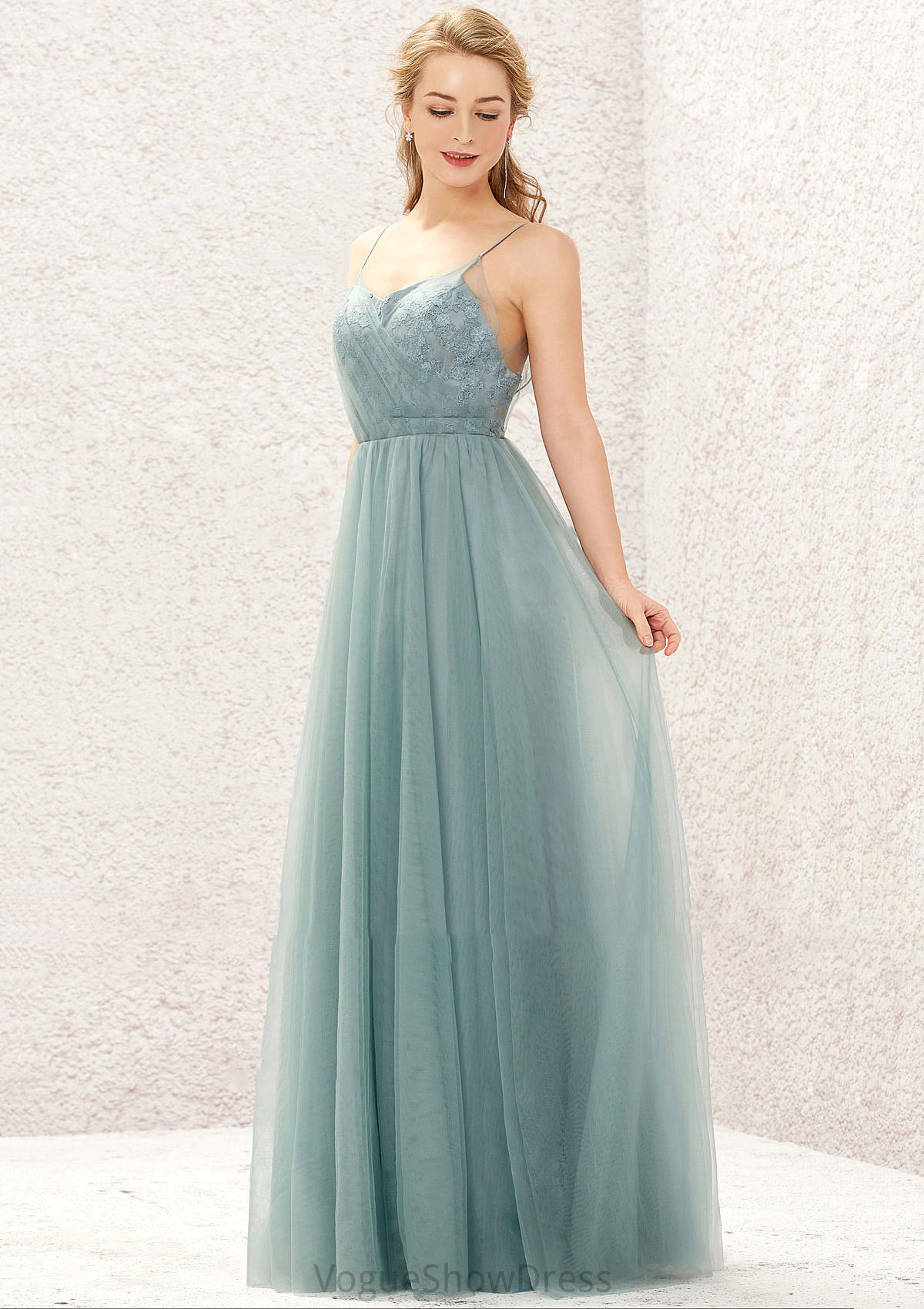 Princess A-line V Neck Sleeveless Tulle Long/Floor-Length Bridesmaid Dresses With Pleated Appliqued Esperanza DLP0025633