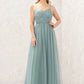 Princess A-line V Neck Sleeveless Tulle Long/Floor-Length Bridesmaid Dresses With Pleated Appliqued Esperanza DLP0025633