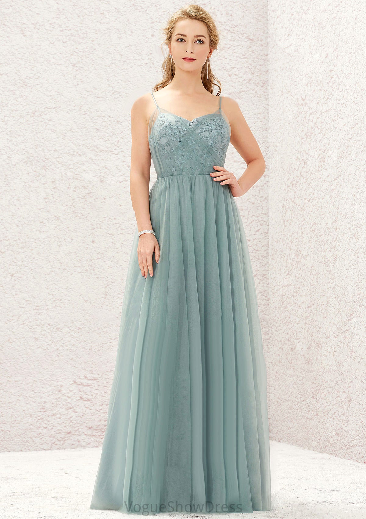 Princess A-line V Neck Sleeveless Tulle Long/Floor-Length Bridesmaid Dresses With Pleated Appliqued Esperanza DLP0025633