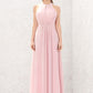 A-line Halter Sleeveless Chiffon Long/Floor-Length Bridesmaid Dresses With Pleated Cierra DLP0025634