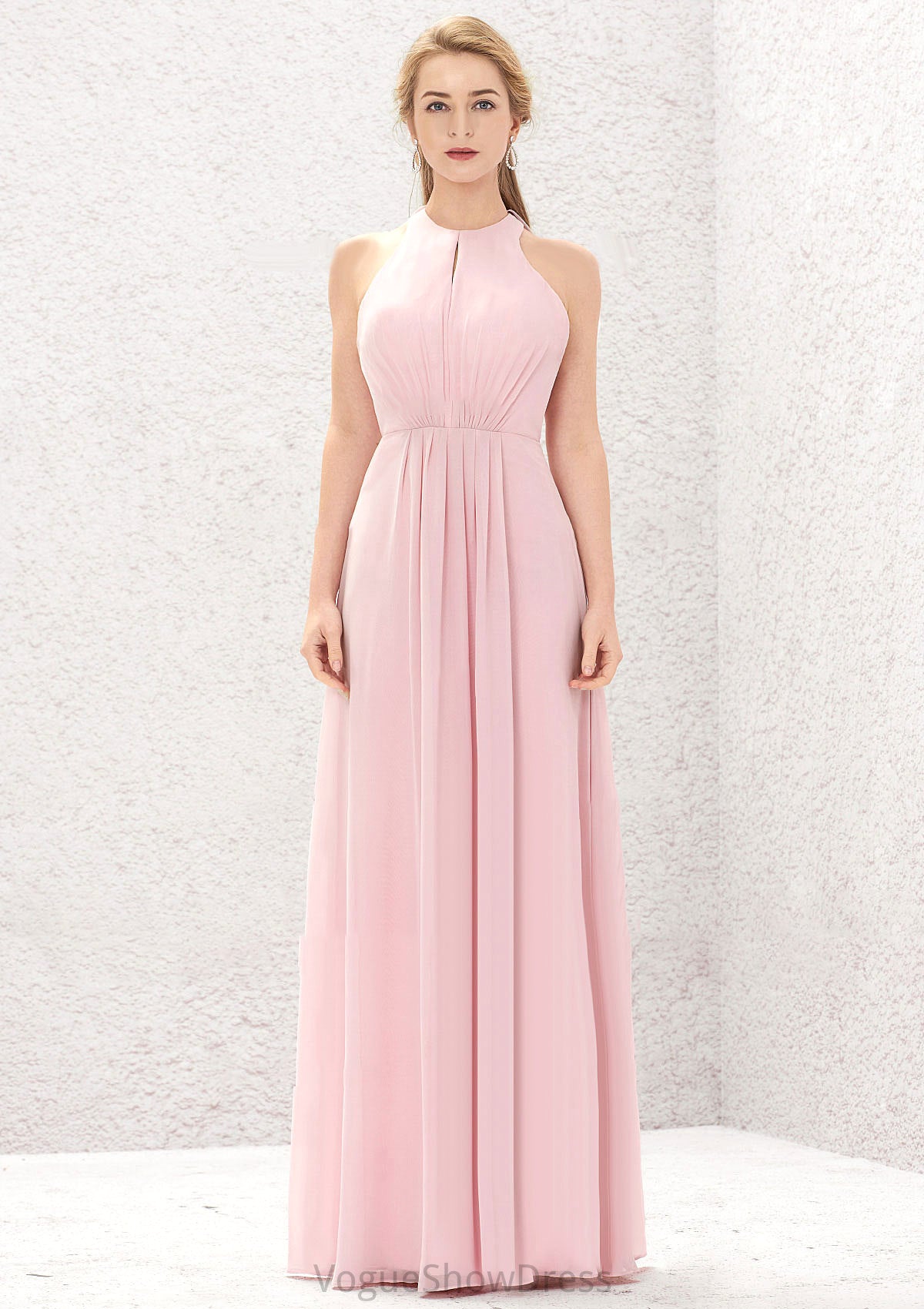 A-line Halter Sleeveless Chiffon Long/Floor-Length Bridesmaid Dresses With Pleated Cierra DLP0025634