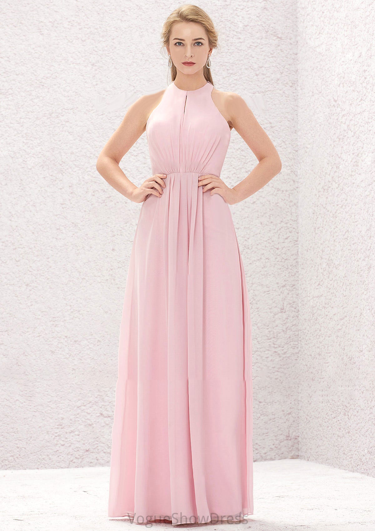 A-line Halter Sleeveless Chiffon Long/Floor-Length Bridesmaid Dresses With Pleated Cierra DLP0025634