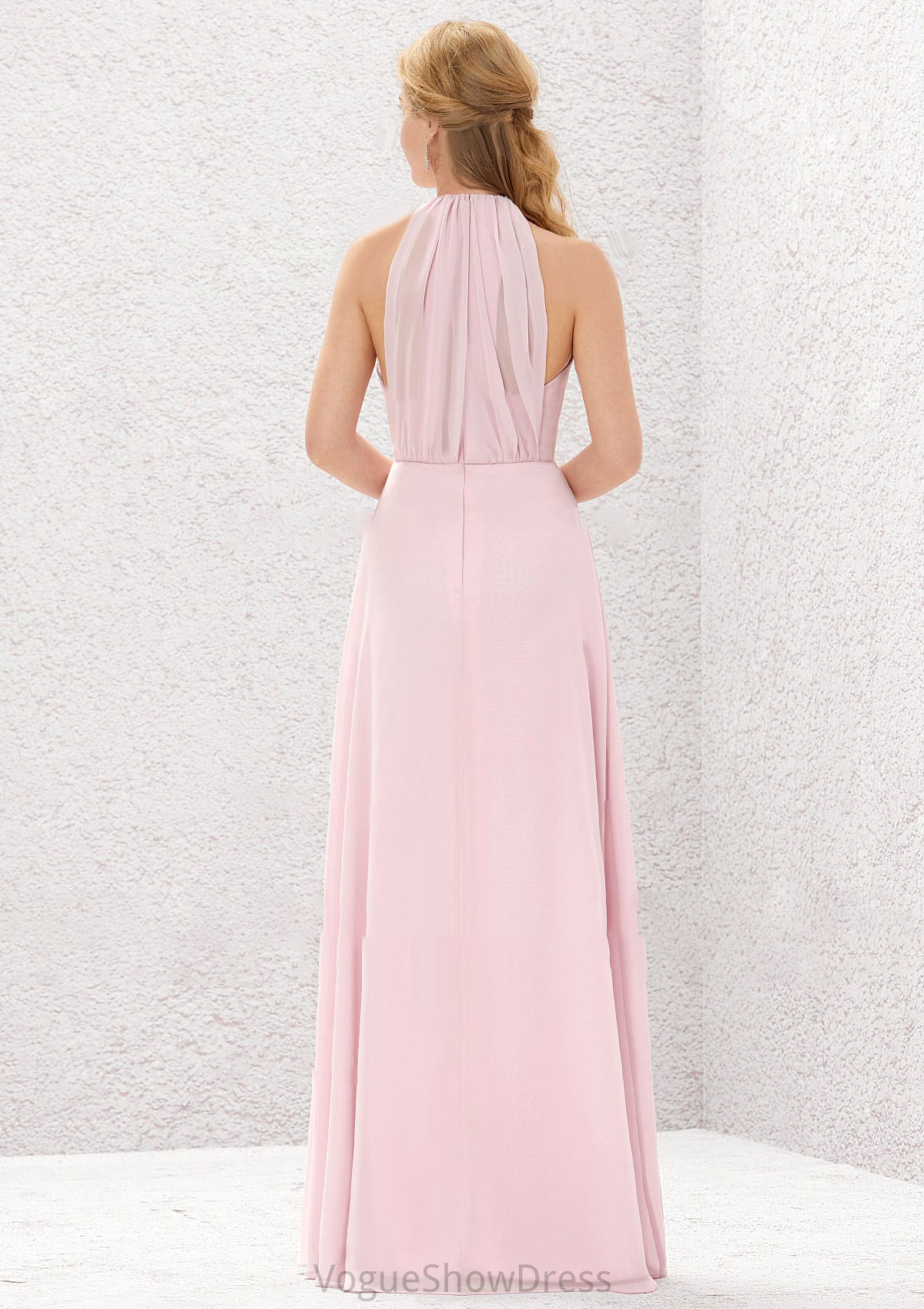 A-line Halter Sleeveless Chiffon Long/Floor-Length Bridesmaid Dresses With Pleated Cierra DLP0025634