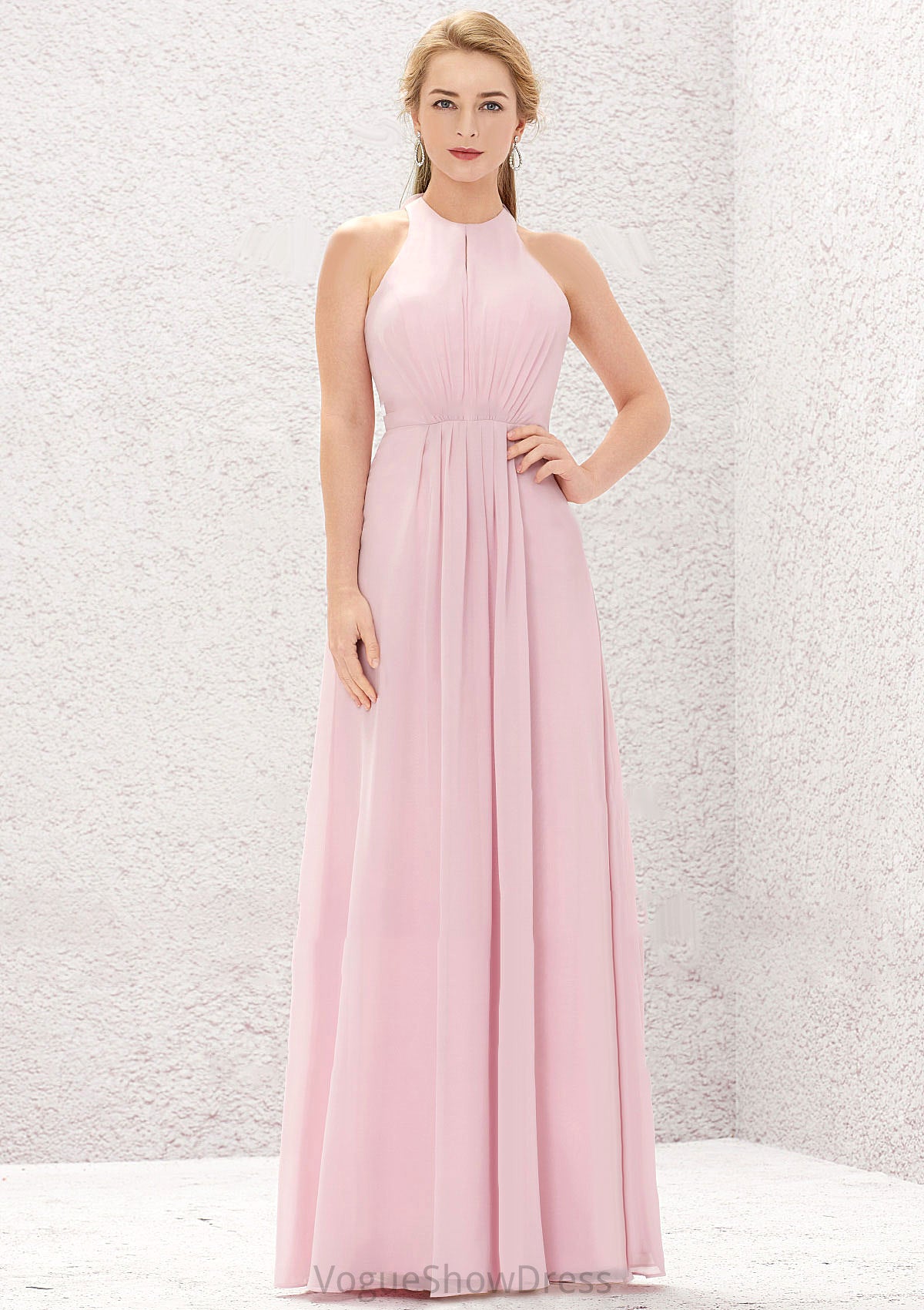 A-line Halter Sleeveless Chiffon Long/Floor-Length Bridesmaid Dresses With Pleated Cierra DLP0025634