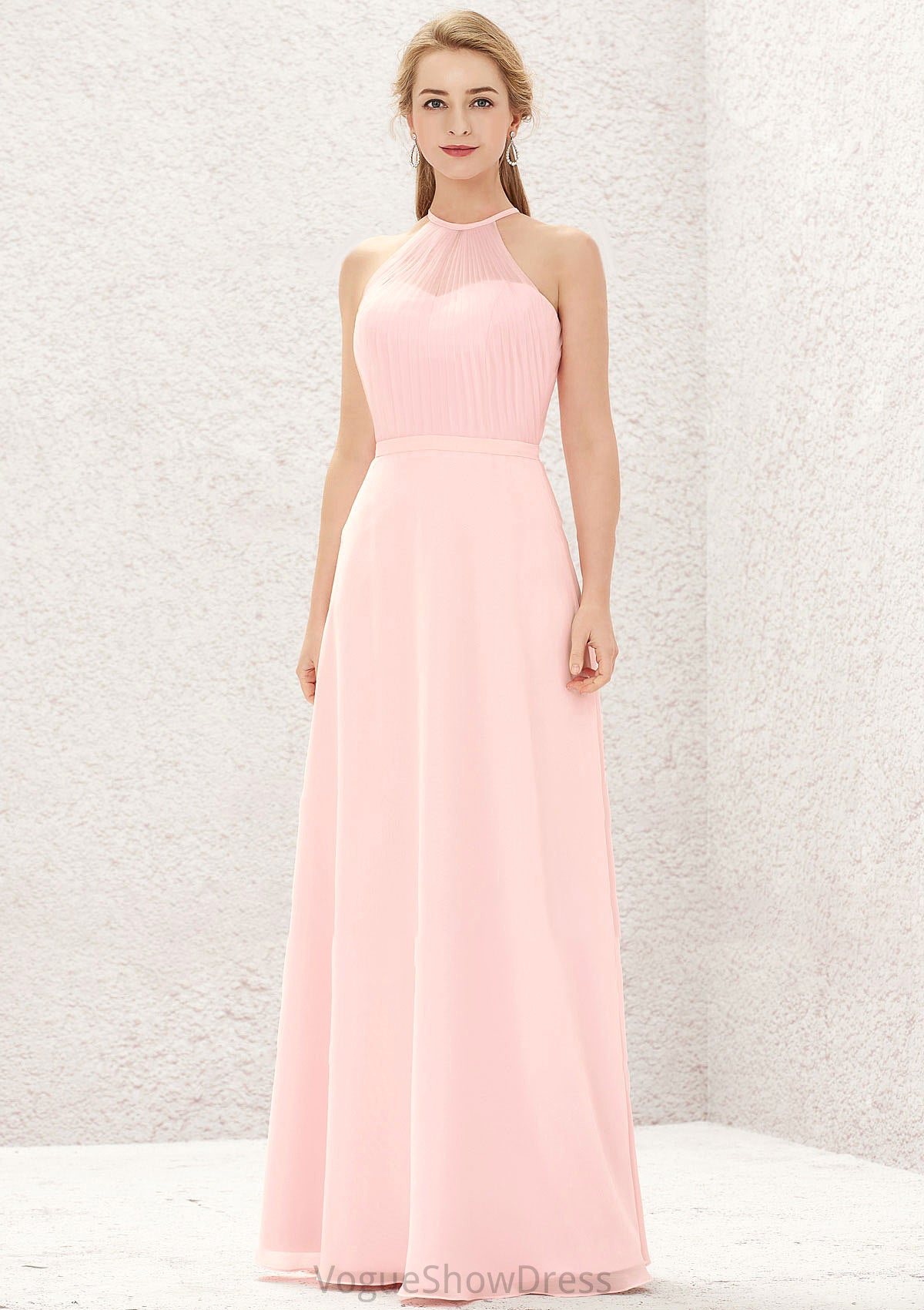 A-line Halter Sleeveless Chiffon Long/Floor-Length Bridesmaid Dresses Emerson DLP0025635