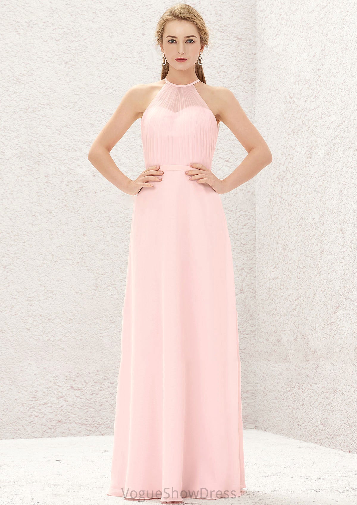 A-line Halter Sleeveless Chiffon Long/Floor-Length Bridesmaid Dresses Emerson DLP0025635