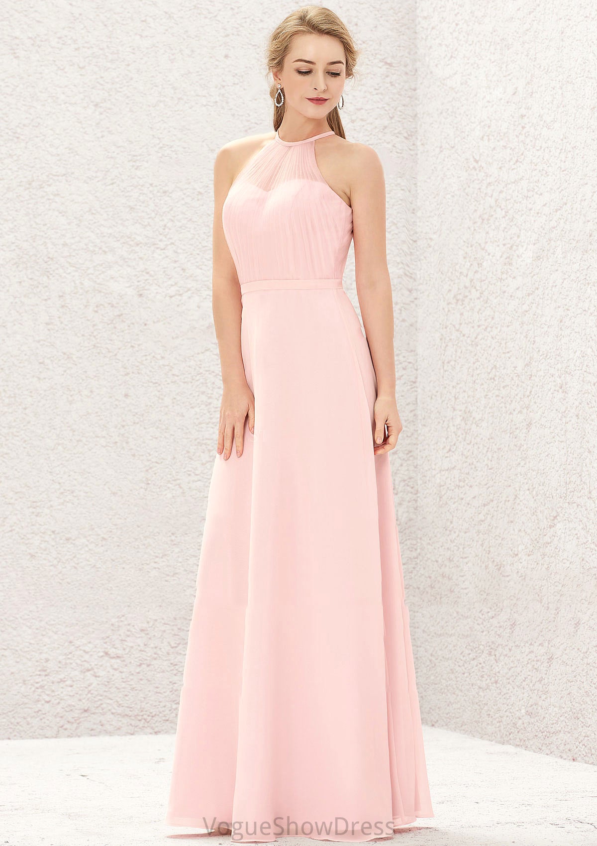 A-line Halter Sleeveless Chiffon Long/Floor-Length Bridesmaid Dresses Emerson DLP0025635