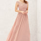 A-line Illusion Neck Sleeveless Chiffon Long/Floor-Length Bridesmaid Dresses With Appliqued Pleated Yazmin DLP0025636