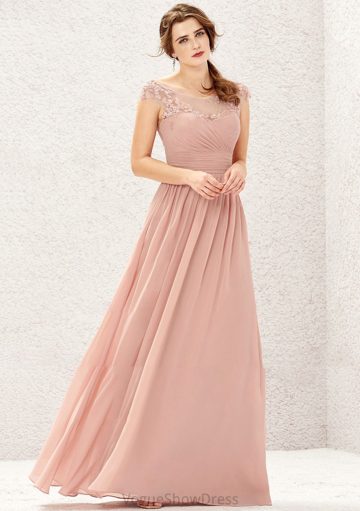 A-line Illusion Neck Sleeveless Chiffon Long/Floor-Length Bridesmaid Dresses With Appliqued Pleated Yazmin DLP0025636