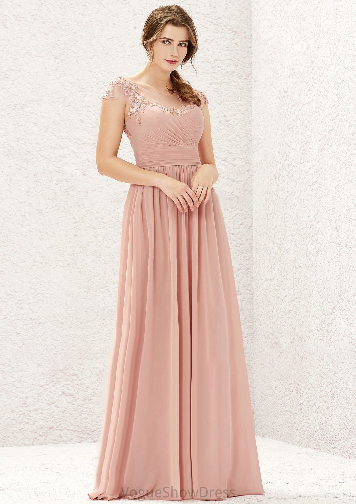 A-line Illusion Neck Sleeveless Chiffon Long/Floor-Length Bridesmaid Dresses With Appliqued Pleated Yazmin DLP0025636