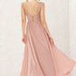 A-line Illusion Neck Sleeveless Chiffon Long/Floor-Length Bridesmaid Dresses With Appliqued Pleated Yazmin DLP0025636