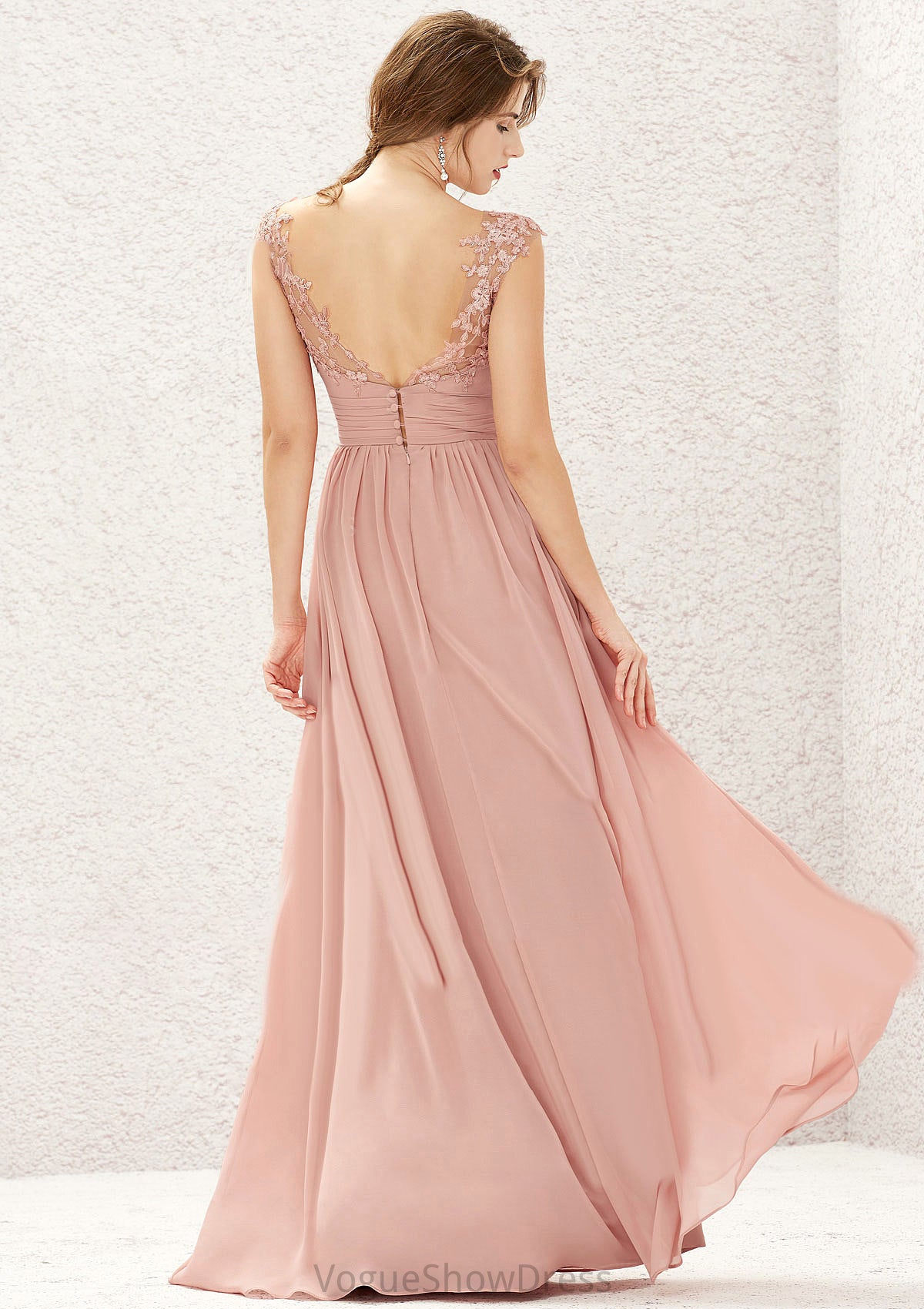 A-line Illusion Neck Sleeveless Chiffon Long/Floor-Length Bridesmaid Dresses With Appliqued Pleated Yazmin DLP0025636