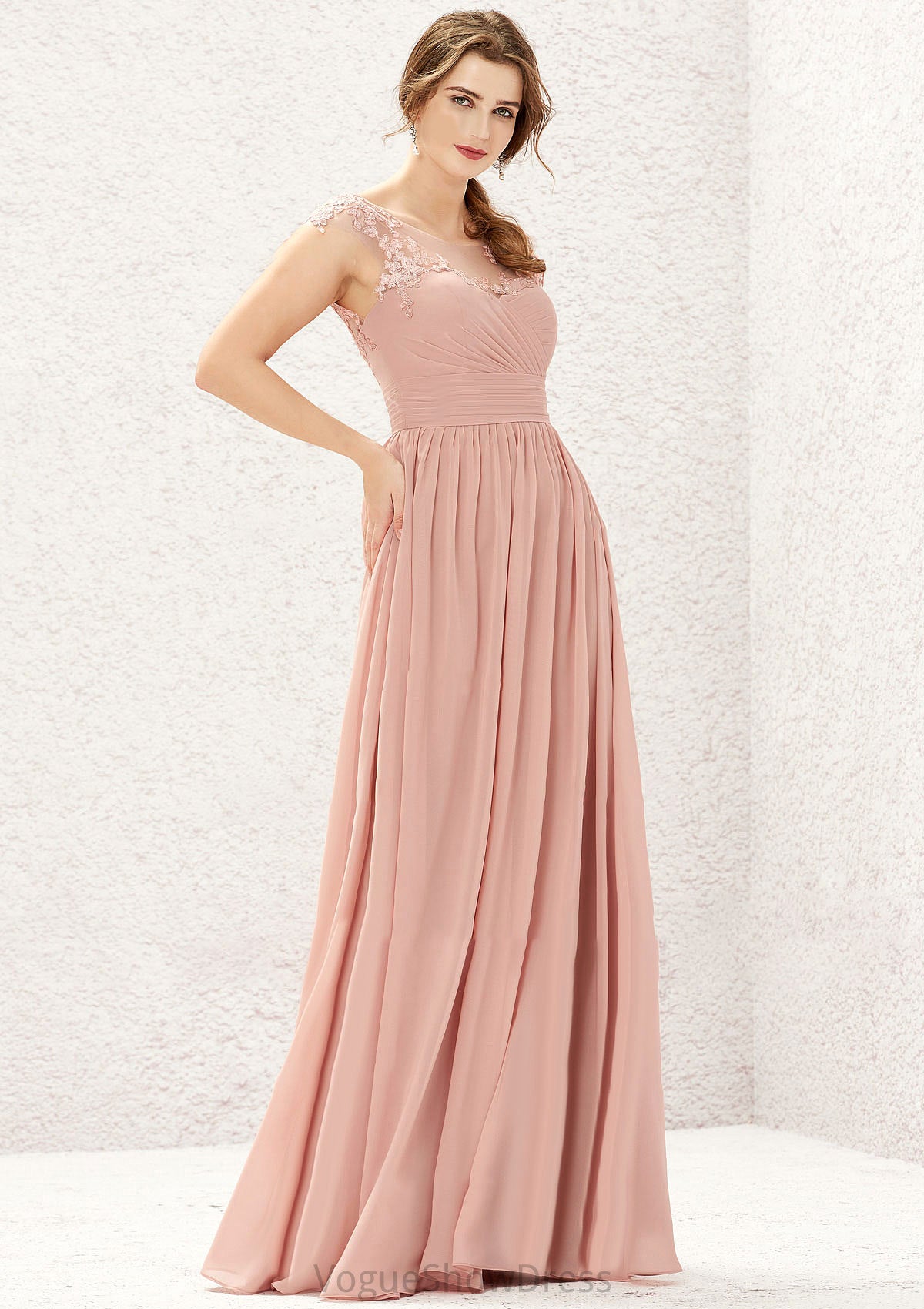 A-line Illusion Neck Sleeveless Chiffon Long/Floor-Length Bridesmaid Dresses With Appliqued Pleated Yazmin DLP0025636