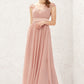 A-line Illusion Neck Sleeveless Chiffon Long/Floor-Length Bridesmaid Dresses With Appliqued Pleated Yazmin DLP0025636