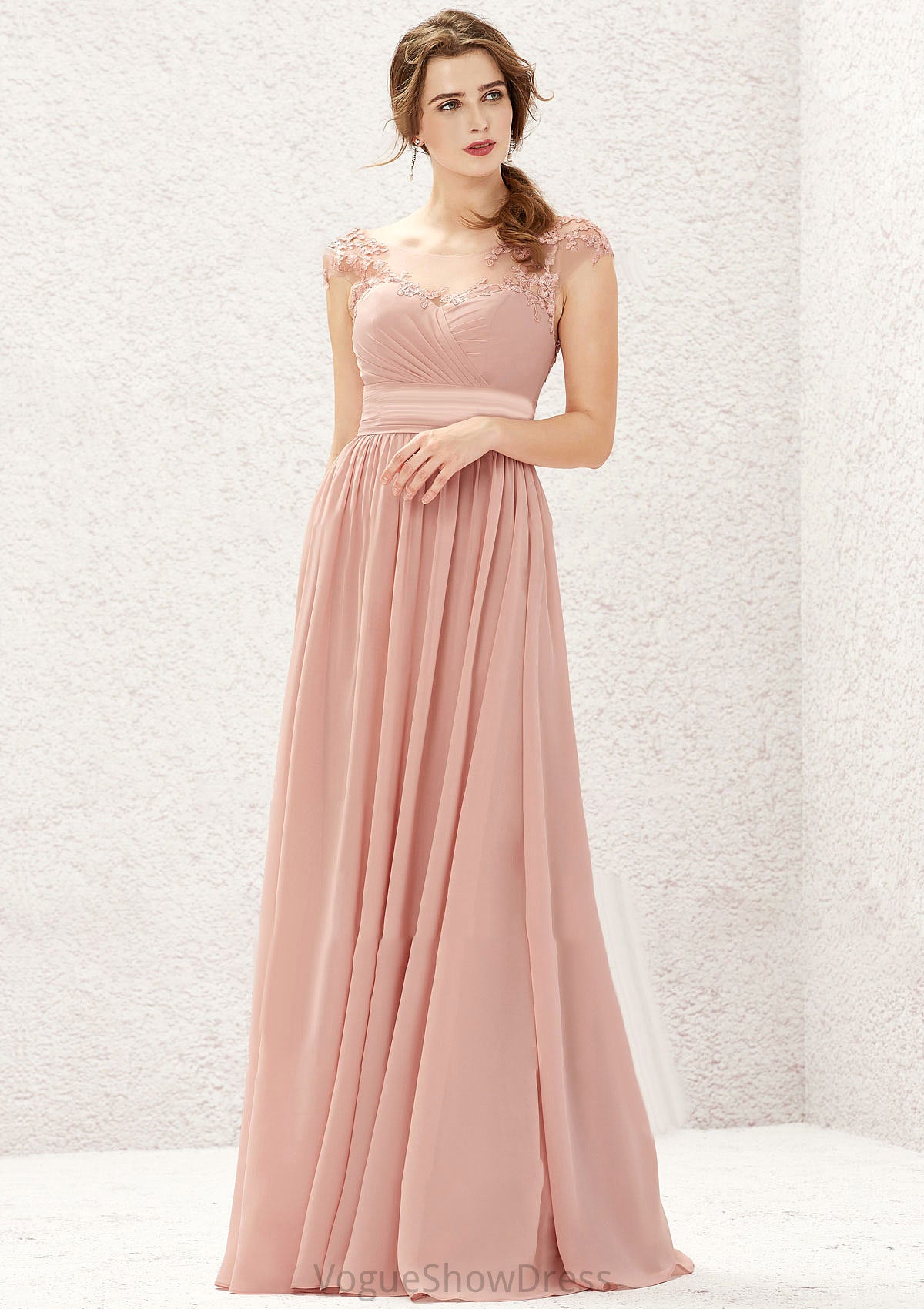 A-line Illusion Neck Sleeveless Chiffon Long/Floor-Length Bridesmaid Dresses With Appliqued Pleated Yazmin DLP0025636