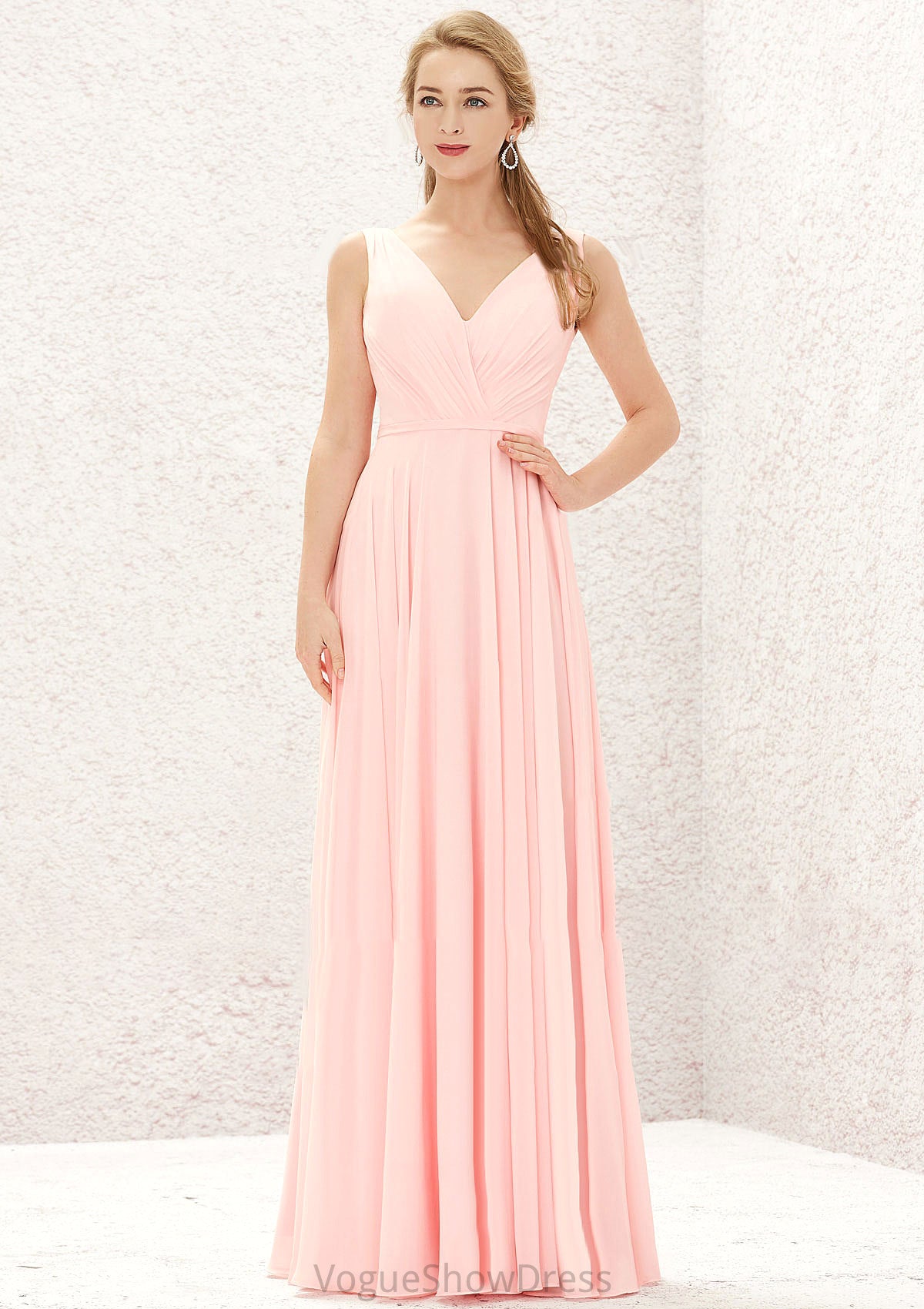 A-line V Neck Sleeveless Chiffon Long/Floor-Length Bridesmaid Dresses With Pleated Nylah DLP0025637