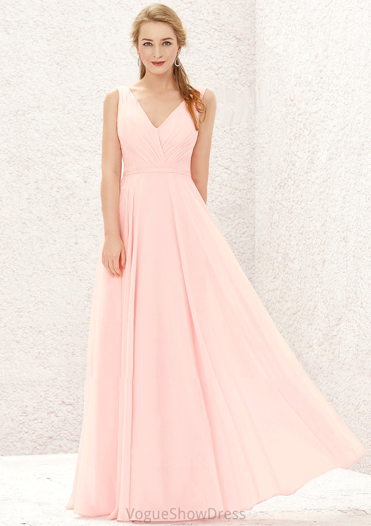 A-line V Neck Sleeveless Chiffon Long/Floor-Length Bridesmaid Dresses With Pleated Nylah DLP0025637