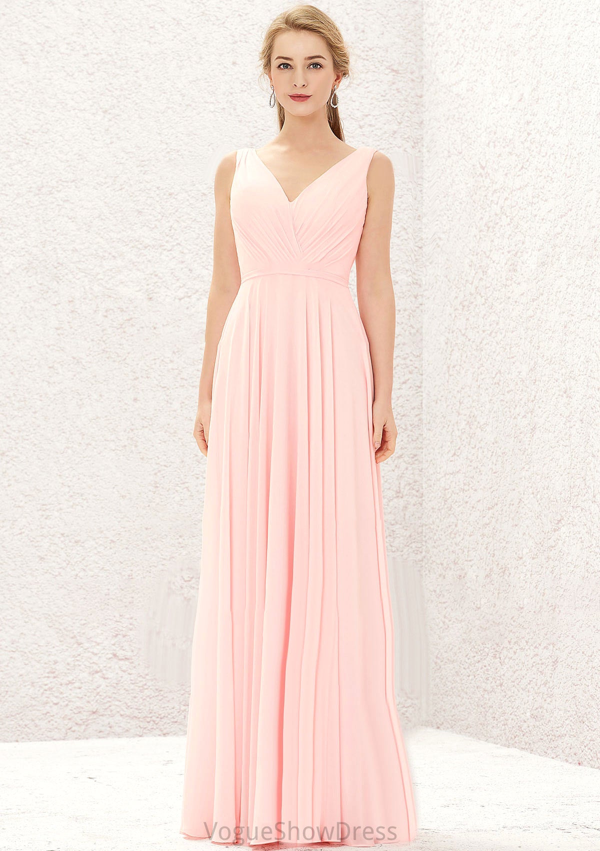 A-line V Neck Sleeveless Chiffon Long/Floor-Length Bridesmaid Dresses With Pleated Nylah DLP0025637