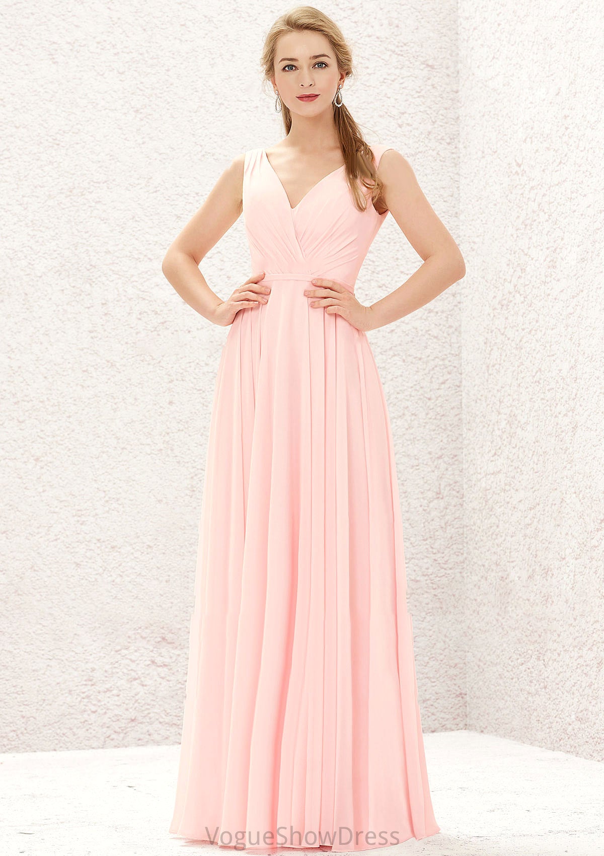 A-line V Neck Sleeveless Chiffon Long/Floor-Length Bridesmaid Dresses With Pleated Nylah DLP0025637