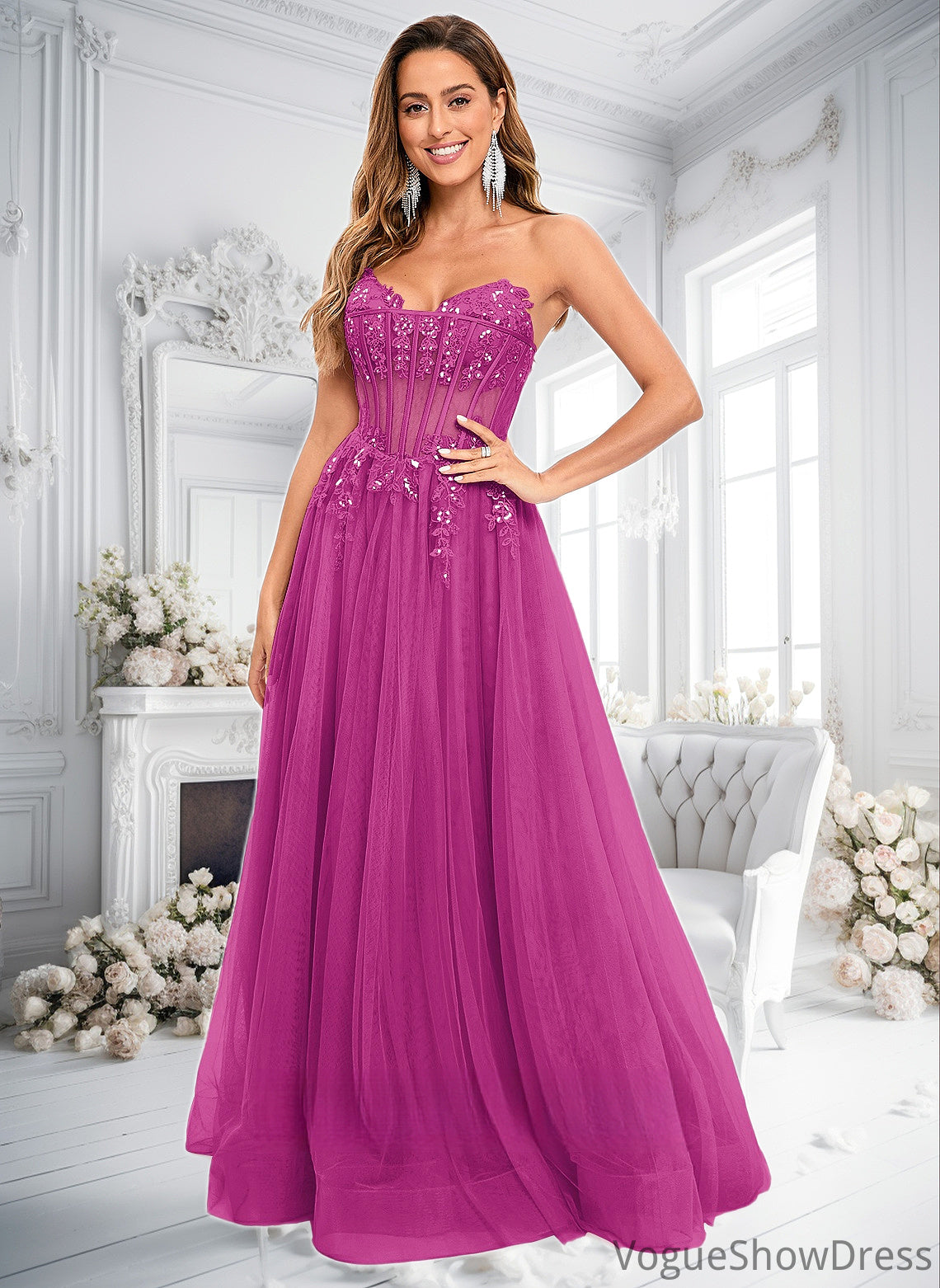 Jaylyn Ball-Gown/Princess V-Neck Floor-Length Tulle Prom Dresses With Sequins Appliques Lace DLP0025837