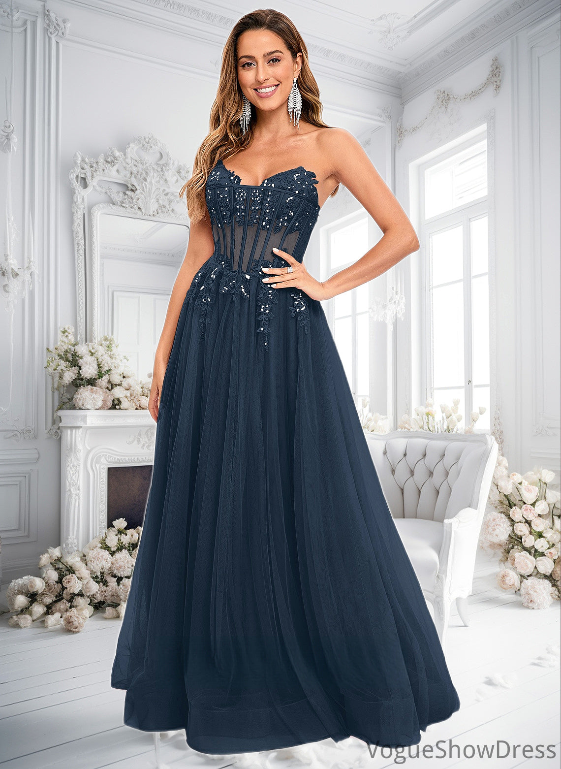 Jaylyn Ball-Gown/Princess V-Neck Floor-Length Tulle Prom Dresses With Sequins Appliques Lace DLP0025837