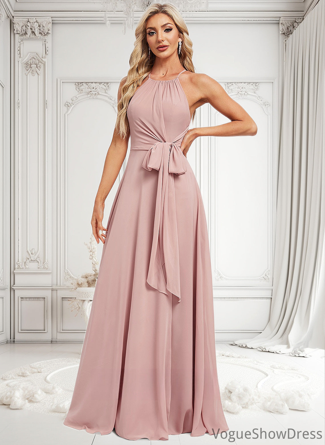 Jazmin A-line Halter Floor-Length Chiffon Bridesmaid Dress DLP0025821